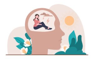 Sophrologie et santé des femmes . Concept of mental prison. Girl under clouds sits in silhouette of head. Internal problems and dead end in life. Self contained character. Unhappy woman, sad. Cartoon flat vector illustration