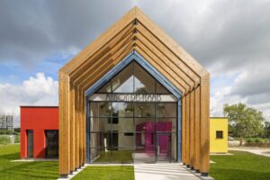 a building with a triangular roof